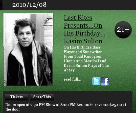 Kasim Sulton venue at The Abbey Pub, Chicago, IL - 12/08/10