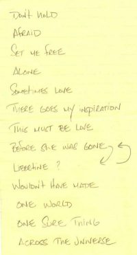 Kasim's handwritten set list